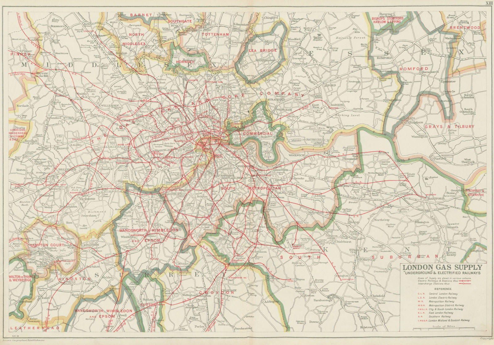 LONDON GAS SUPPLY areas + UNDERGROUND/Tube & electrified railways.BACON 1934 map